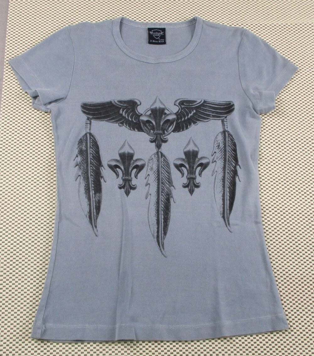 Sledge USA Shirt Womens Large Blue Feather Fleur De Lis Slim Graphic Tee